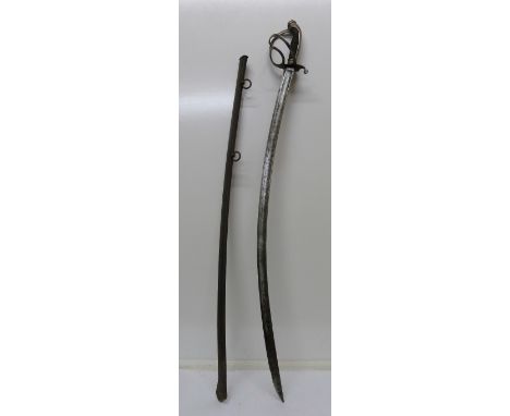 A Prussian curved sword with metal scabbard, length 97cm, blade repaired