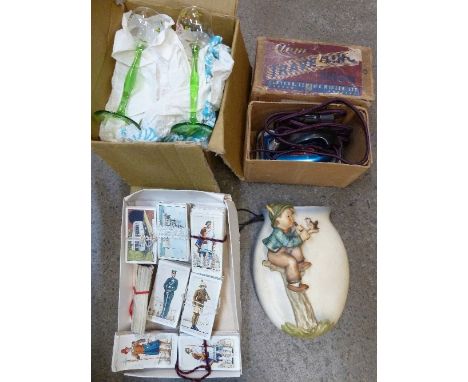 A set of six continental hand painted liqueur glasses, a travel iron, eight sets/part sets of cigarette cards and a Goebel wa