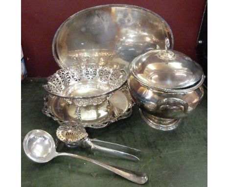 A plated Walker & Hall tureen with ladle, a lemon squeezer marked Brevete, a plated tray, a plated basket and a plated galler