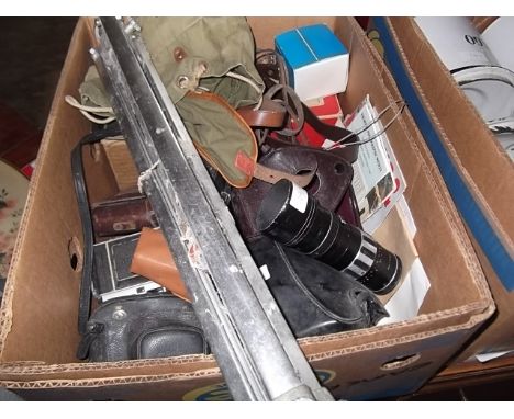 Box containing cameras - Agfa, Kodak Retina, Pentax Spotmatic, Nikon togather with a selection of lenses, light meters etc