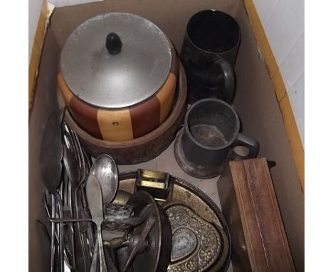 Box of plated cutlery, tankards, brass matchbox holders, biscuit barrel, heartshaped brass trinket box etc