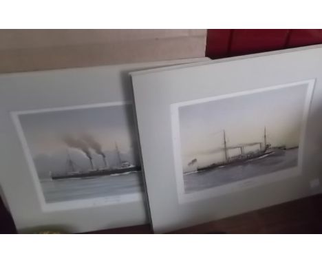6 coloured prints by Fred Mitchell showing various cruisers, battleships & torpedo boat
