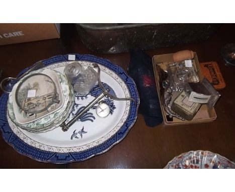 A Booths Real Old Willow meat dish with a quantity of small items, ink well, cigar cutter, hair comb, small puzzles, pocket c
