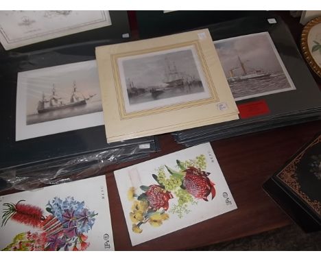 44 coloured prints of early naval vessels plus 3 of maritime scenes together with 2 P & O menus for May 1961 - SS Strathmore