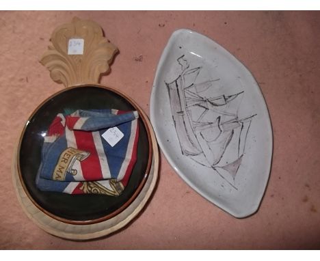 Carved woodbowl, 2 ceramic dishes, small Union flag with Queen Alexandra's image