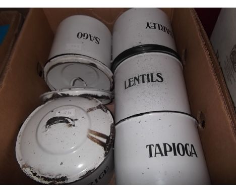 5 white enamel kitchen storage containers - Tapioca, Lentils, barley, Sago & Rice - lids for three