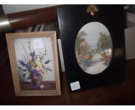 Small oval watercolour on linen & needlepoint garden scene & small print of flowers in vase