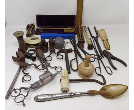 A 19th century corkscrew, candle snuffs and assorted tools and other items (box)