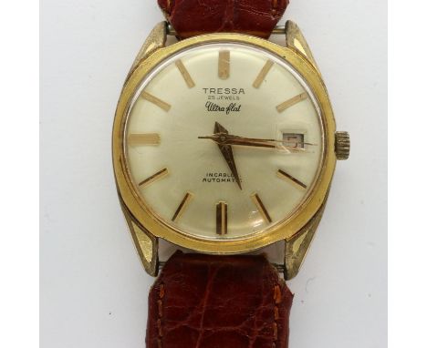 TRESSA: Ultra-Flat automatic 25 jewel gents wristwatch with date aperture on a brown leather strap, working at lotting. UK P&