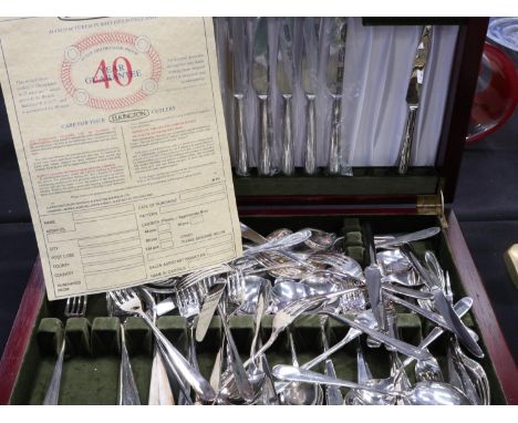 Elkington silver plated flatware in mahogany canteen with ICI prestation plaque, appears unused. Not available for in-house P