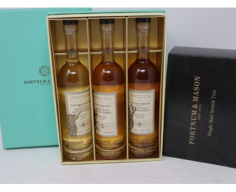 Fortnum and Mason single malt Scotch trio, Highland, Islay and Speyside, each bottle 200ml. UK P&amp;P Group 3 (£30+VAT for t