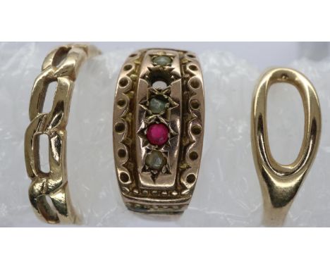 Three 9ct gold rings, combined 5.0g, sizes M and P. UK P&amp;P Group 0 (£6+VAT for the first lot and £1+VAT for subsequent lo
