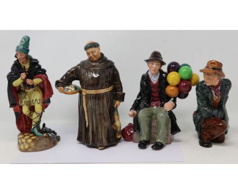 Four Royal Doulton figurines: The Poacher, The Balloon Man, The Pied Piper, and The Jovial Monk, no cracks or chips, largest 