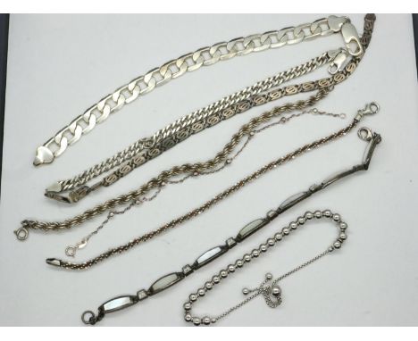 Eight 925 silver and white metal bracelets, largest L: 20 cm. UK P&amp;P Group 0 (£6+VAT for the first lot and £1+VAT for sub