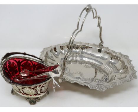 Victorian silver plate swing basket with cranberry glass liner, L: 18 cm, a larger swing basket and sugar tongues. UK P&amp;P