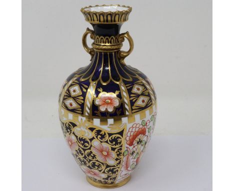 Royal Crown Derby twin handled bud vase in the 6299 pattern, no cracks or chips, H: 16 cm. UK P&amp;P Group 1 (£16+VAT for th