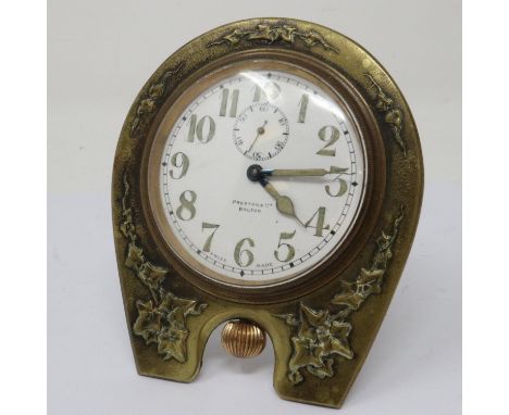 Prestons of Bolton bedside clock in a brass frame, working at lotting, H: 11 cm. UK P&amp;P Group 1 (£16+VAT for the first lo