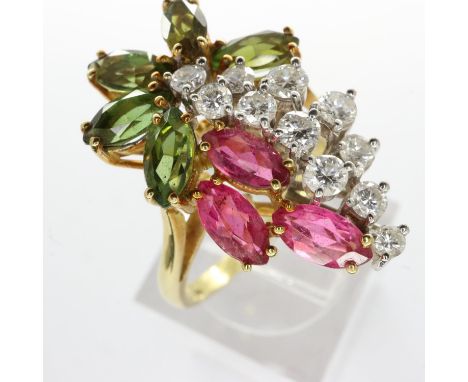 18ct gold cluster ring set with diamonds emeralds and pink amethyst, size L, 5.5g. UK P&amp;P Group 0 (£6+VAT for the first l