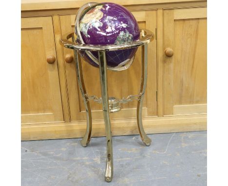 Semi precious stone globe on a brass stand fitted with a compass, globe D: 30 cm. Not available for in-house P&amp;P 