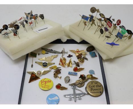 Collection of approximately 90 vintage airline, aircraft and aviation related pin badges, mostly stick pins with some from 19