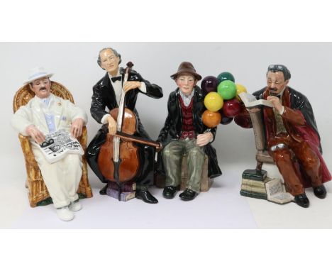 Four Royal Doulton figurines: The Balloon Man, Taking Things Easy, The Professor and The Cellist, no cracks or chips, largest
