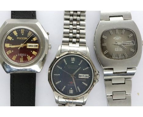 Three automatic gents wristwatches: Ricoh, Citizen and Rotary, working at lotting UK P&amp;P Group 1 (£16+VAT for the first l