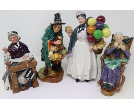 Four Royal Doulton figurines: A Stitch in Time, Biddy Penny Farthing, Schoolmarm, and The Mask Seller, no cracks or chips, la