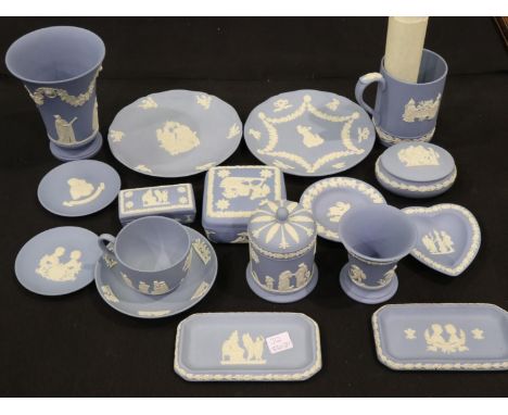 Seventeen pieces of Wedgwood Jasperware, no cracks or chips. UK P&amp;P Group 3 (£30+VAT for the first lot and £8+VAT for sub