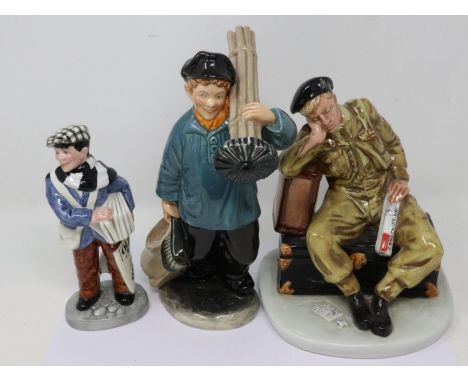 Three Royal Doulton figurines: Old Ben, Master Sweep and The Railway Sweeper, no cracks or chips, largest H: 22cm. UK P&amp;P