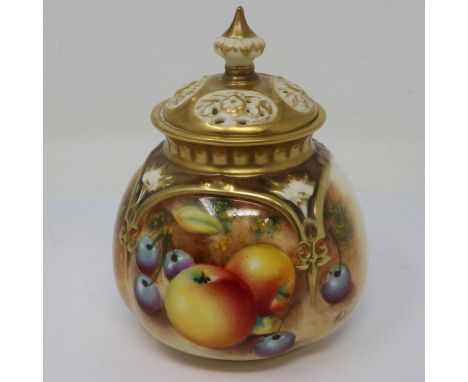 Royal Worcester Fallen Fruit covered pot, signed Roberts, large chip to inside of cover (not visible on display), H: 14 cm. U
