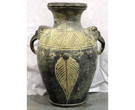 Large African ceramic vase with pierced details and elephant head handles. H: 60cm. Not available for in-house P&amp;P 