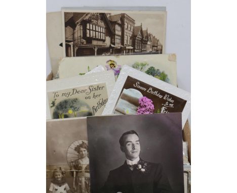 Collection of Victorian and later postcards and greetings cards, including photographic and embroidered examples. P&amp;P Gro