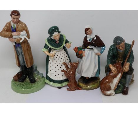 Four Royal Doulton figurines: Old Mother Hubbard, The Master, Country Veterinary, and Country Lass, no cracks or chips, large