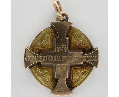Presumed 9ct gold (unmarked) RHS John Reid Challenge Cup pendant dated 1908, H: 30 mm, 5.8g. UK P&amp;P Group 0 (£6+VAT for t
