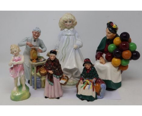 Six Royal Doulton figurines: He Loves Me, Silks and Ribbons (miniature), The Orange Lady (miniature), The Old Balloon Seller,