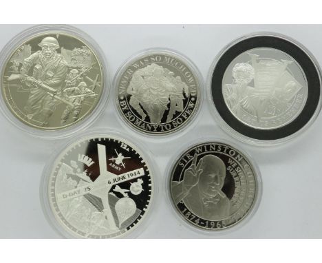 Collection of five commemorative coins to include an IWM 2020 Churchill half crown with certificate and a Guernsey 2020 D-Day