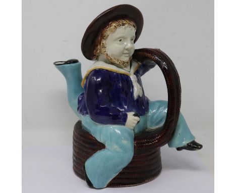 W. Broughton Majolica three legged Manx teapot, small graze to one toe, otherwise good, H: 23 cm. UK P&amp;P Group 2 (£20+VAT