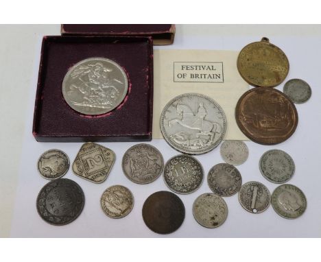 Mixed UK and world coins including a Festival of Britain George V 1951 crown. UK P&amp;P Group 2 (£20+VAT for the first lot a