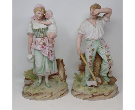 Two French bisque figurines, largest H: 39 cm, chip to mans axe, small crack to mans arm. UK P&amp;P Group 3 (£30+VAT for the