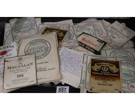 Quantity of whisky bottle labels including Macallan 1963 and 1964. UK P&amp;P Group 2 (£20+VAT for the first lot and £4+VAT f