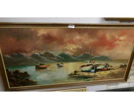 An oil on board seascape signed Santoe, image 126 x 57 cm.