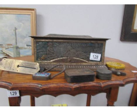 An old biscuit tin, scales etc.,