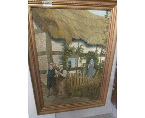 An oil on board cottage scene with elderly men chatting signed R A H Bailey, image 73 x 49 cm.