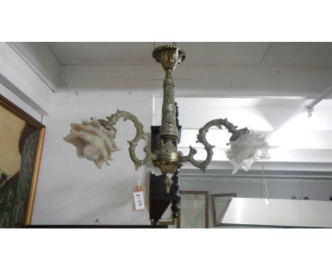 A 3 lamp gilded ceiling light with glass shades,