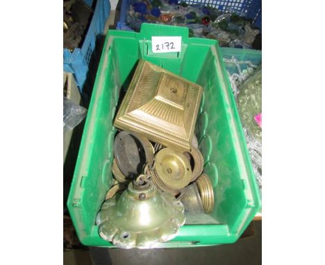 A tray of brass lamp parts etc.,