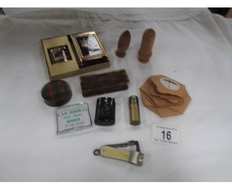 A mixed lot including treen, cigar cutter, boxes, cigarette lighter etc.,
