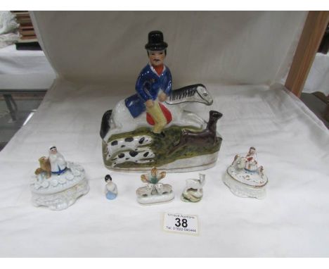 A Staffordshire flat back figure, 2 Victorian figural trinket boxes, a miniature Staffordshire sheep and 2 other items.