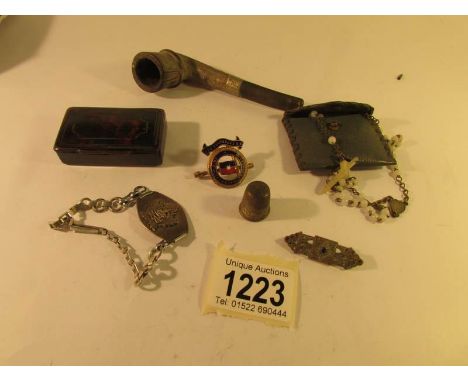 A mixed lot including snuff box, pipe etc.,