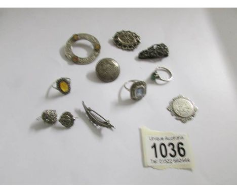 3 dress rings including silver, a silver scarf clip, 4 silver brooches (2 a/f), fob etc.,