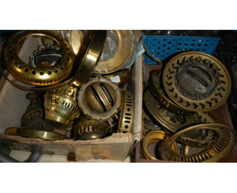 A box of various oil lamp burners, galleries etc..
